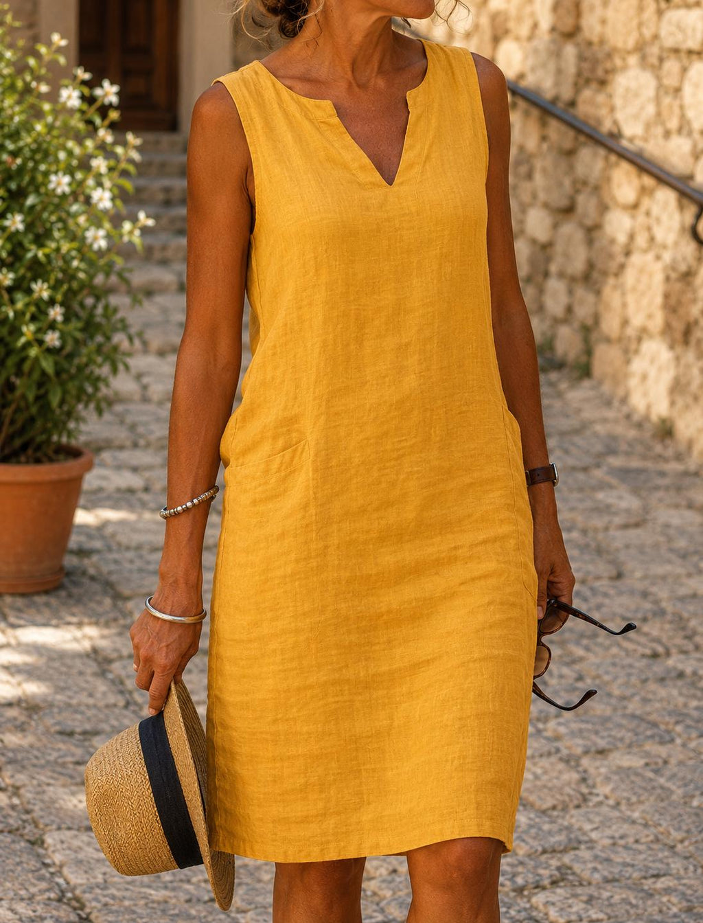 Vera Teal Linen Shift Midi Dress — view 3