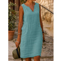 Vera Teal Linen Shift Midi Dress — The Clothing Closet