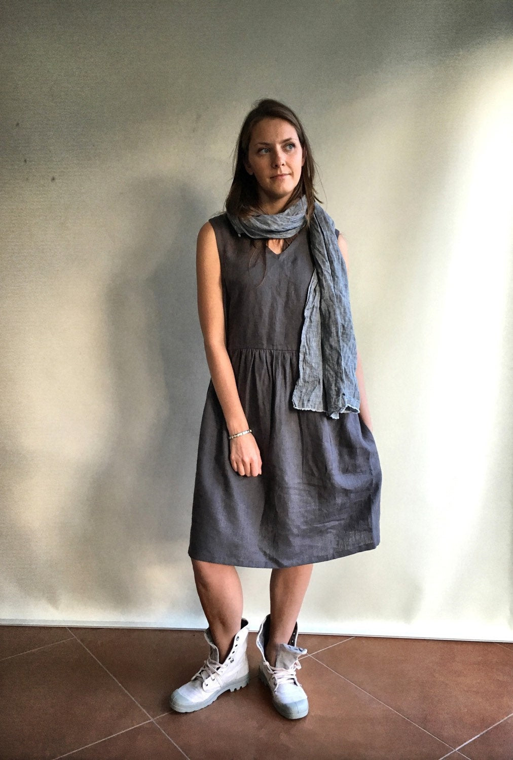 Tilly Gray Linen Midi Pinafore Dress — The Clothing Closet