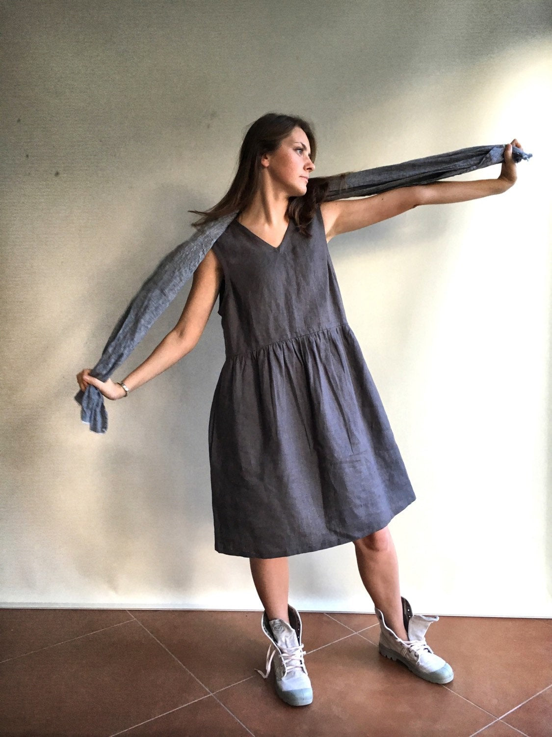 Tilly Gray Linen Midi Pinafore Dress — view 2