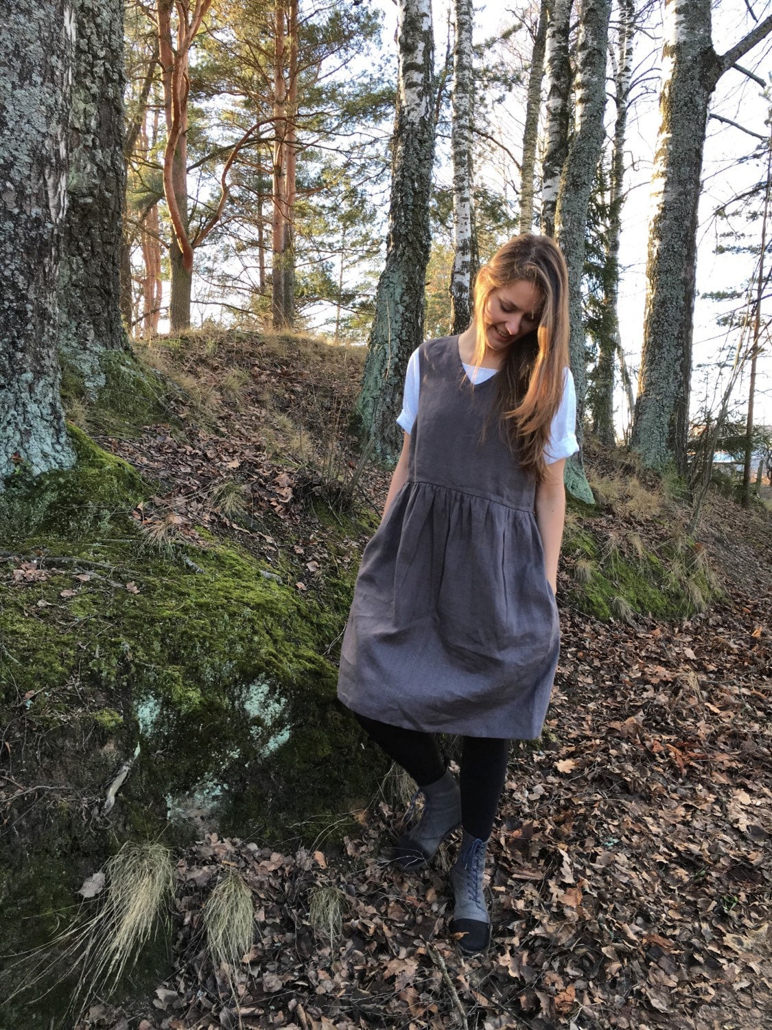 Tilly Gray Linen Midi Pinafore Dress — view 3