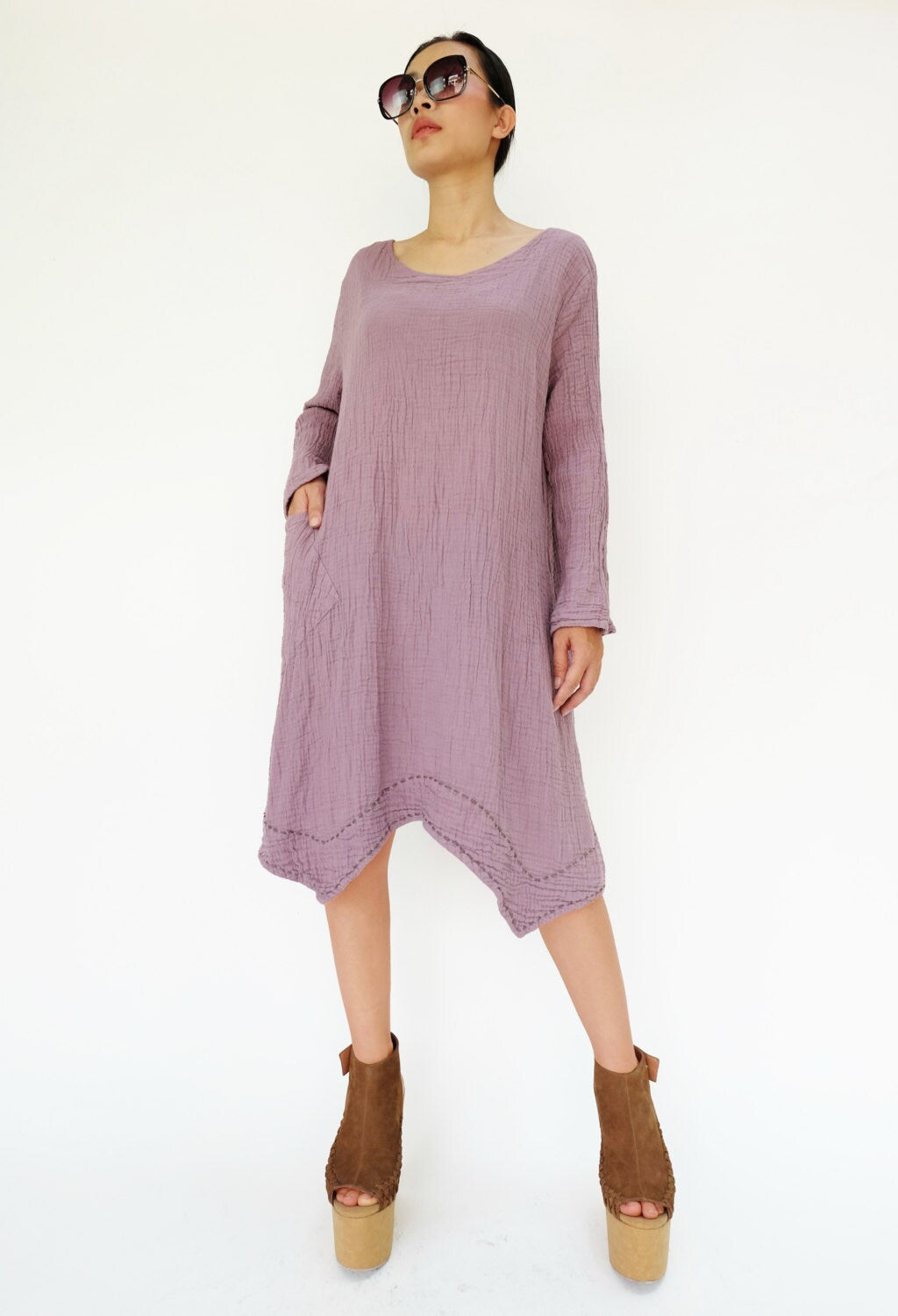 Valen Lilac Cotton Tunic Midi Dress — view 2
