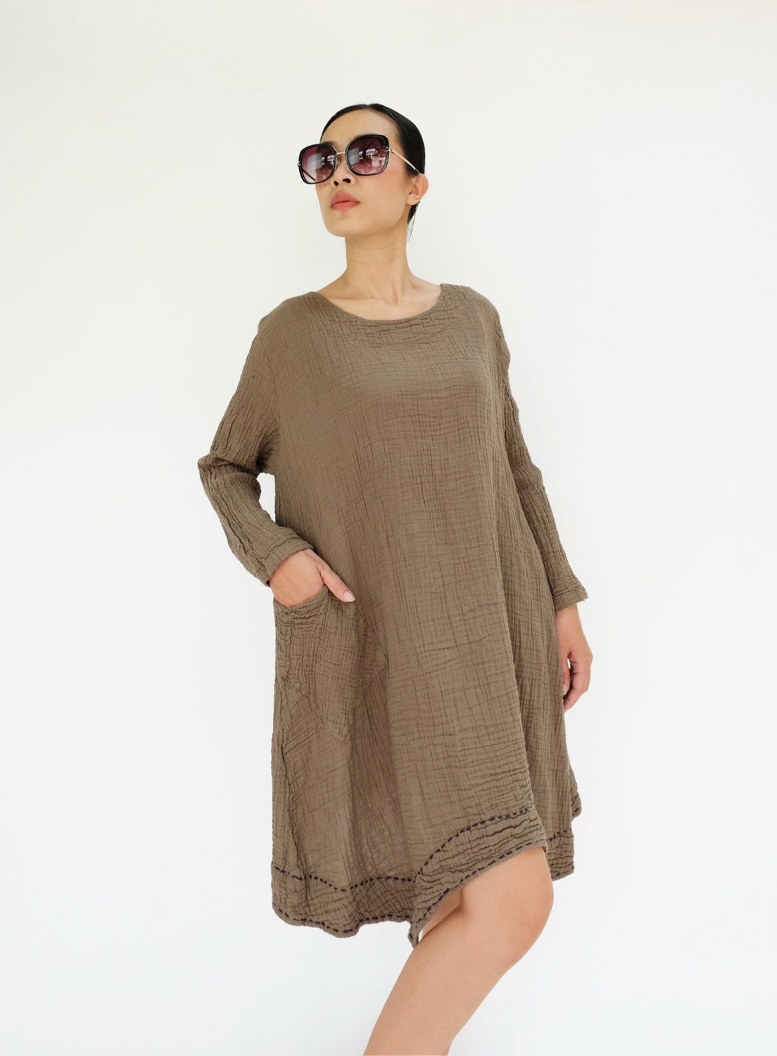 Wynn Brown Cotton Tunic Midi Dress — view 3