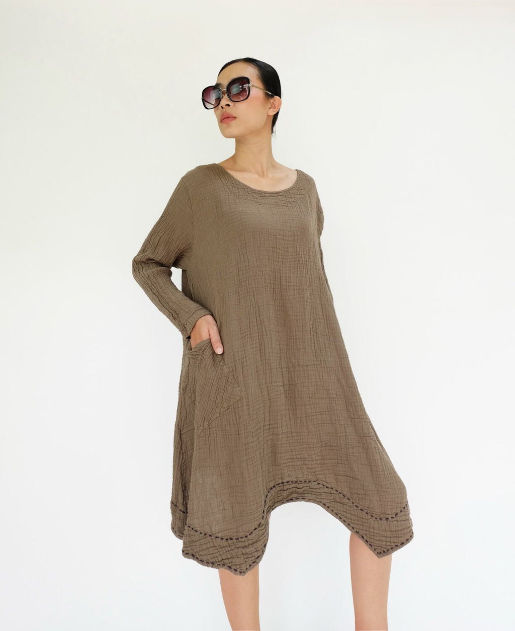 Wynn Brown Cotton Tunic Midi Dress — The Clothing Closet