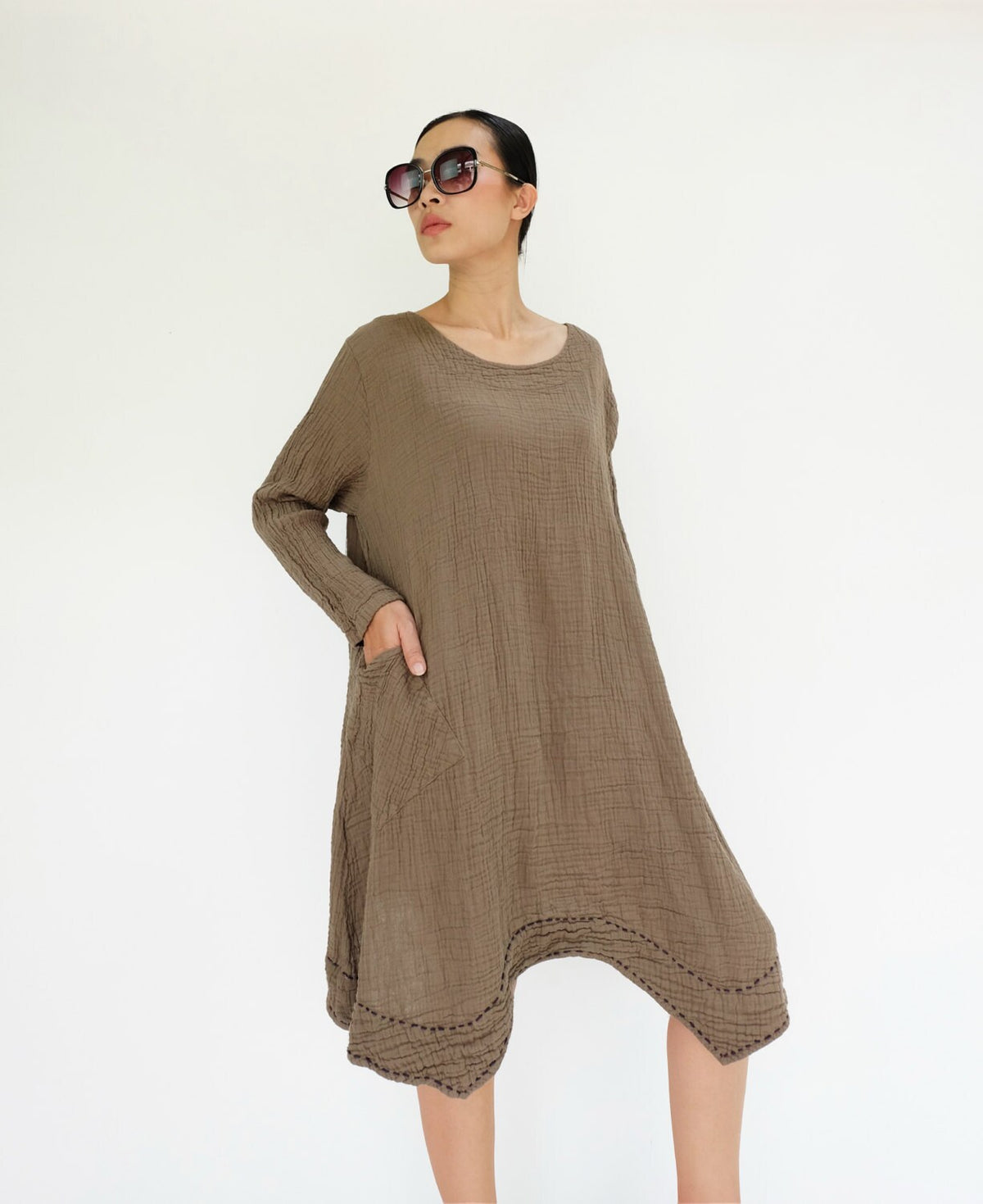 Wynn Brown Cotton Tunic Midi Dress — The Clothing Closet