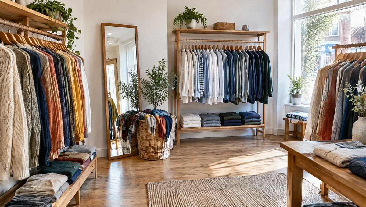 Bright clothing shop with rails of knitwear and shirts