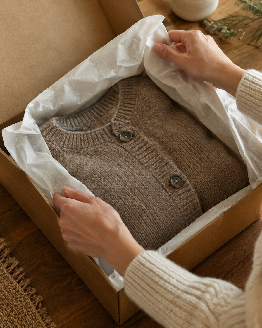 Knit cardigan folded in tissue paper