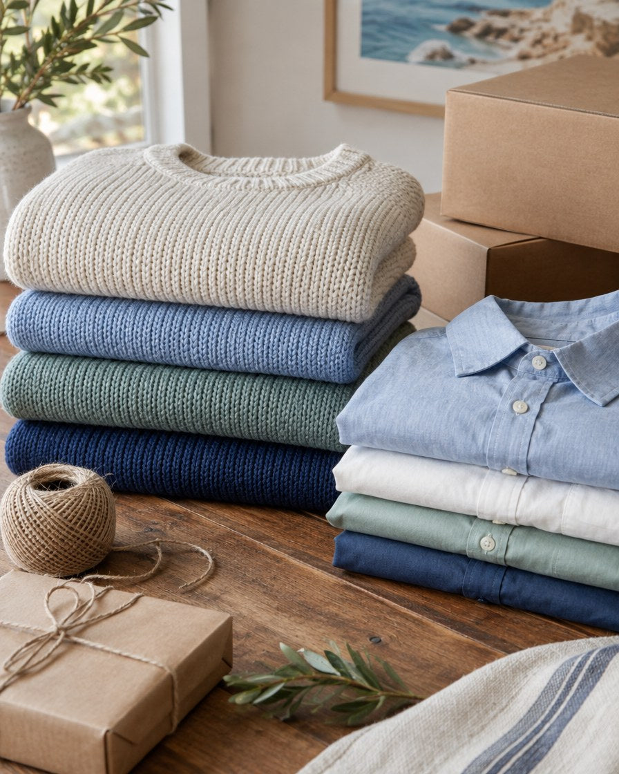 Folded knit sweaters and shirts ready to ship
