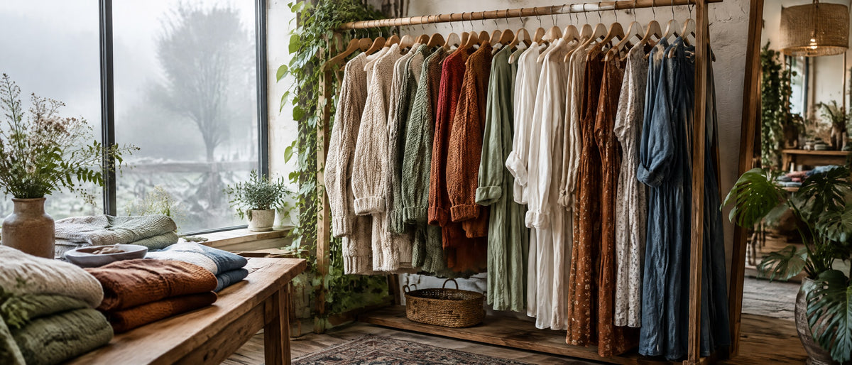 Clothing rail of knit cardigans, linen shirts and dresses at The Clothing Closet
