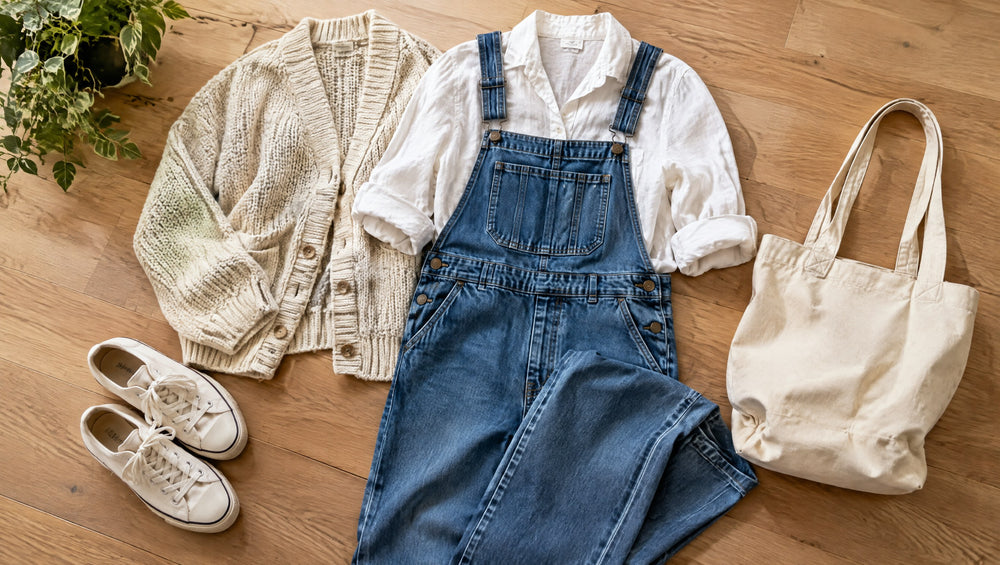 Flat lay of a cream cardigan, linen shirt and denim overalls